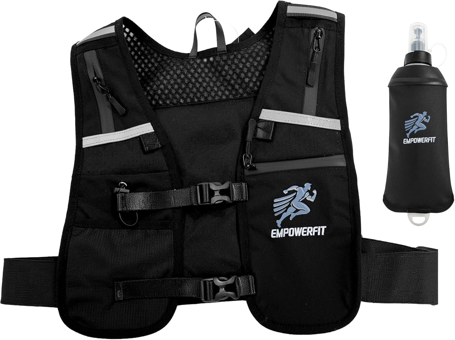 Running hydration vest with 500ml water bottle front view