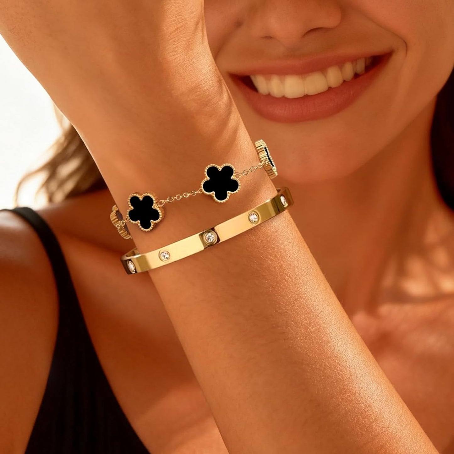 18K gold plated clover bracelet with love bangle charm stack design