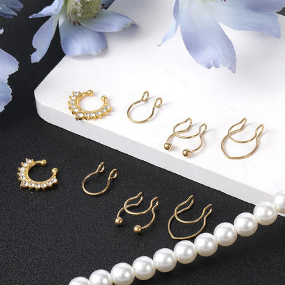 Fake Nose Ring, 8 Pcs Stainless Steel Fake Septum Piercing Faux Septum Rings Faux Clip on Nose Ring for Women Men Non Piercing Nose Jewelry (Gold)