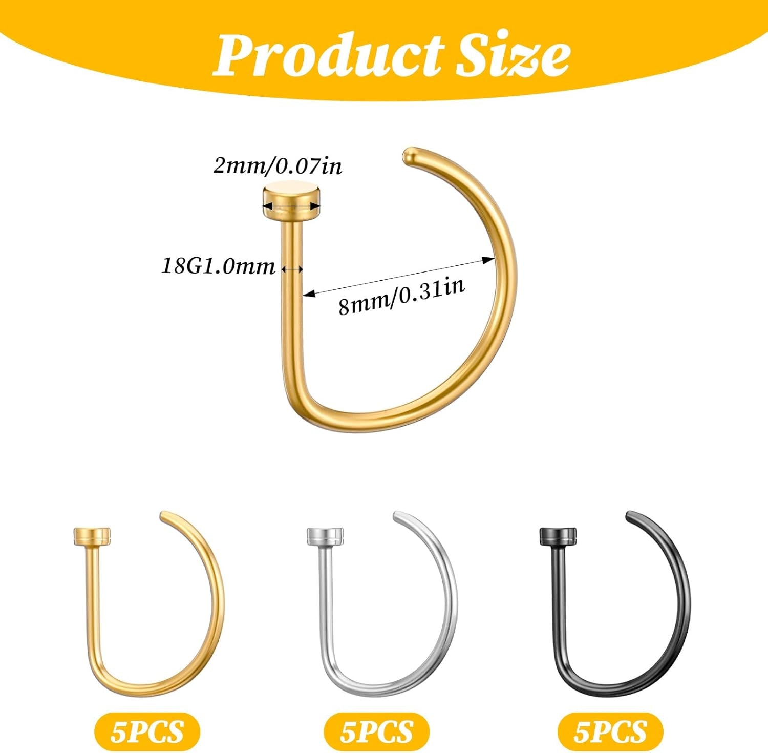 15 PCS Nose Rings Hoop 20G 8Mm, D Shaped Fake Nose Ring Hoops Set Stainless Steel Noses Piercing Jewelry Faux Noserings Nosehoops, Fake Lip Hoop Rings Septum Ring for Women, Silver Gold Black