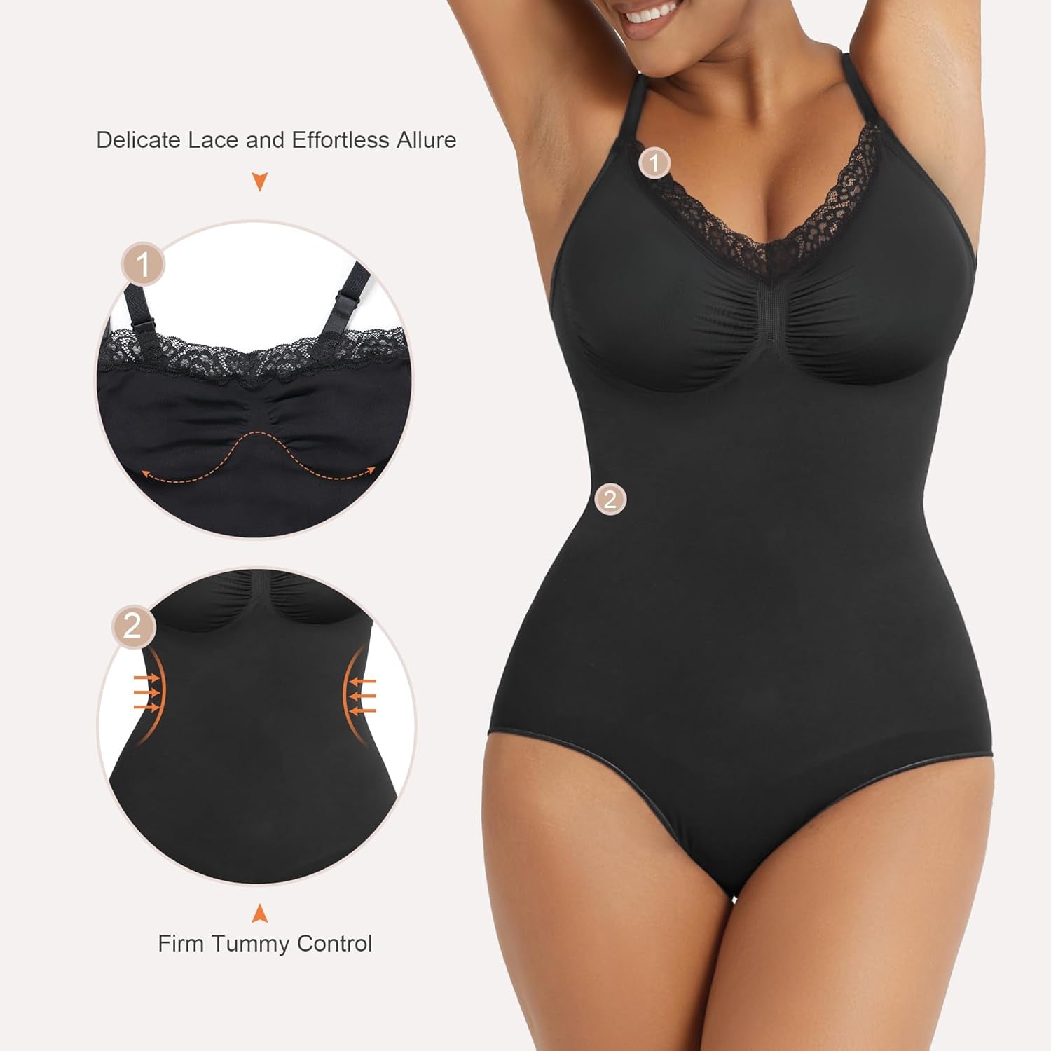 SHAPERX lace bodysuit detail highlighting seamless construction