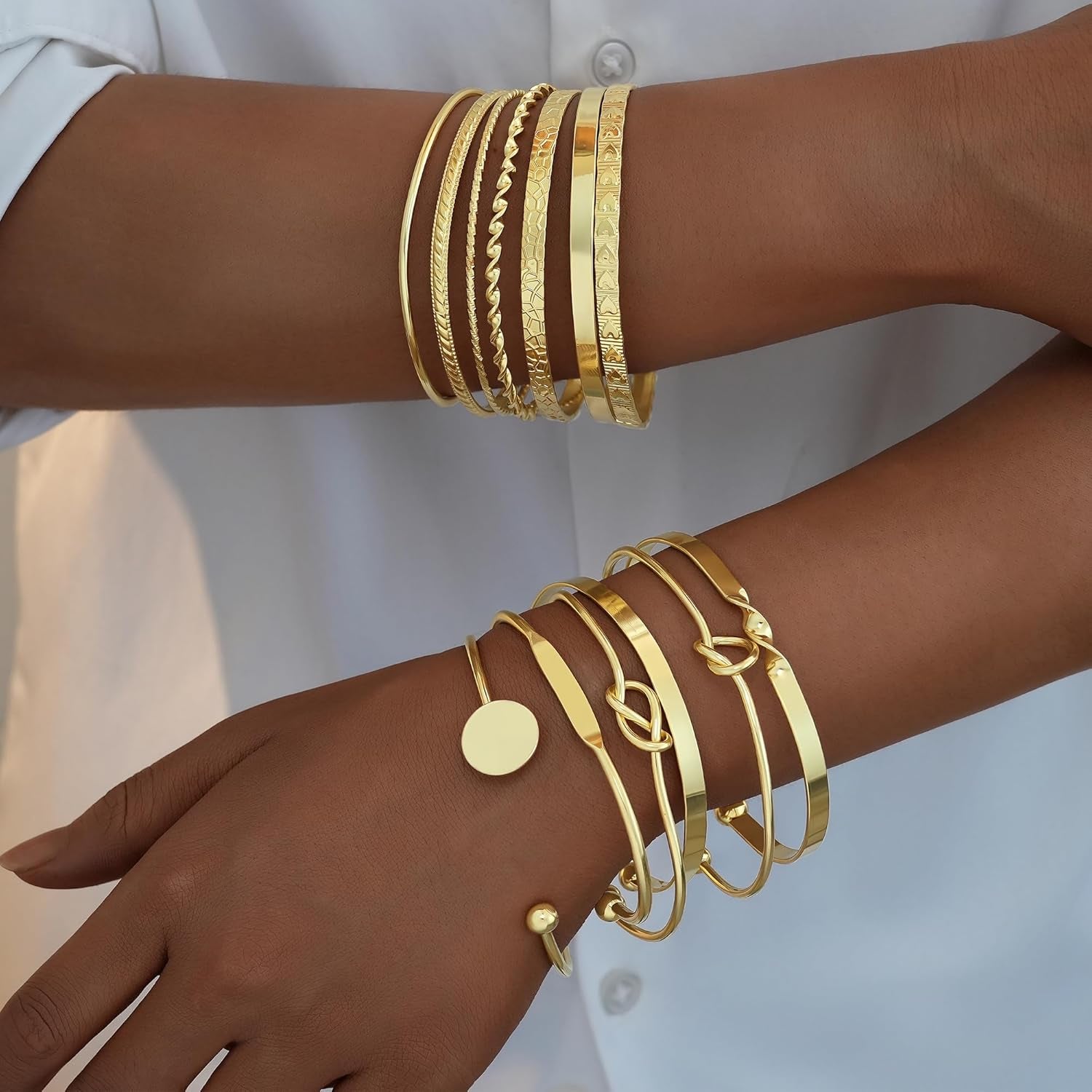 FAXHION Gold Bangle Bracelets for Women, 14 Pcs Multi Layer Stackable Bangle Set, 14K Gold Plated Textured Chunky Bracelets Boho Jewelrys Set