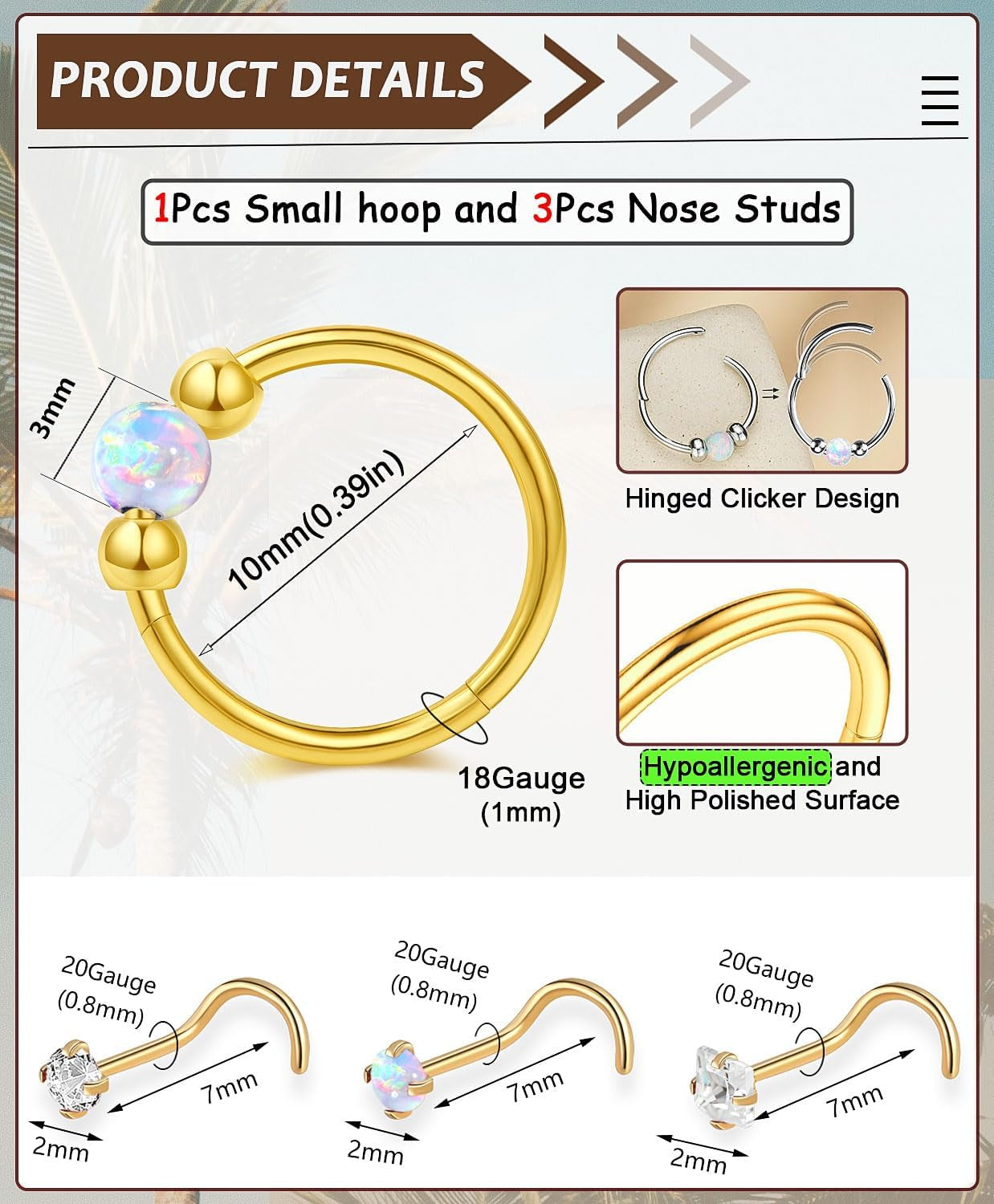 Opal Nose Ring Studs Horseshoe Nose Rings Hoops Stud 316L Stainless Steel Nose Rings round CZ Square Screw L Shaped Nose Stud Hypoallergenic Nostril Piercing Jewelry for Women Men