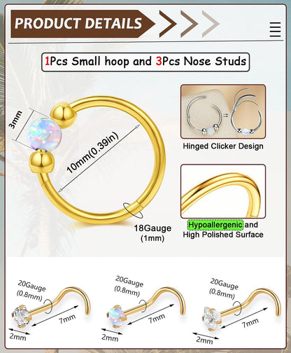 Opal Nose Ring Studs Horseshoe Nose Rings Hoops Stud 316L Stainless Steel Nose Rings round CZ Square Screw L Shaped Nose Stud Hypoallergenic Nostril Piercing Jewelry for Women Men