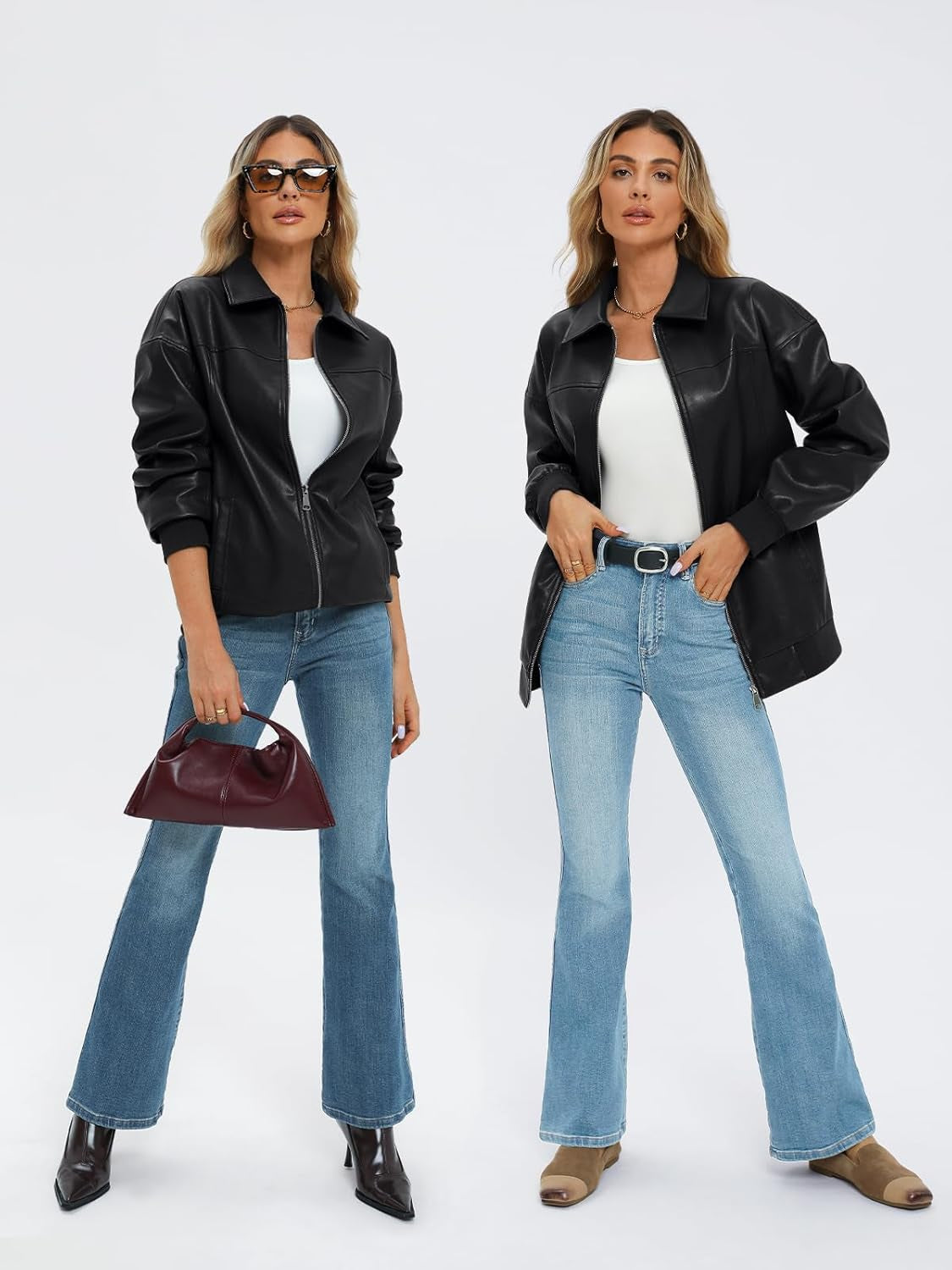 Woman modeling oversized faux leather jacket