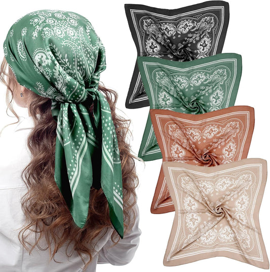 Syhood 4 Pcs 27'' Square Satin Head Scarves Satin Bandanas for Women Halloween Headband Silk Feeling Scarves Boho Headwear