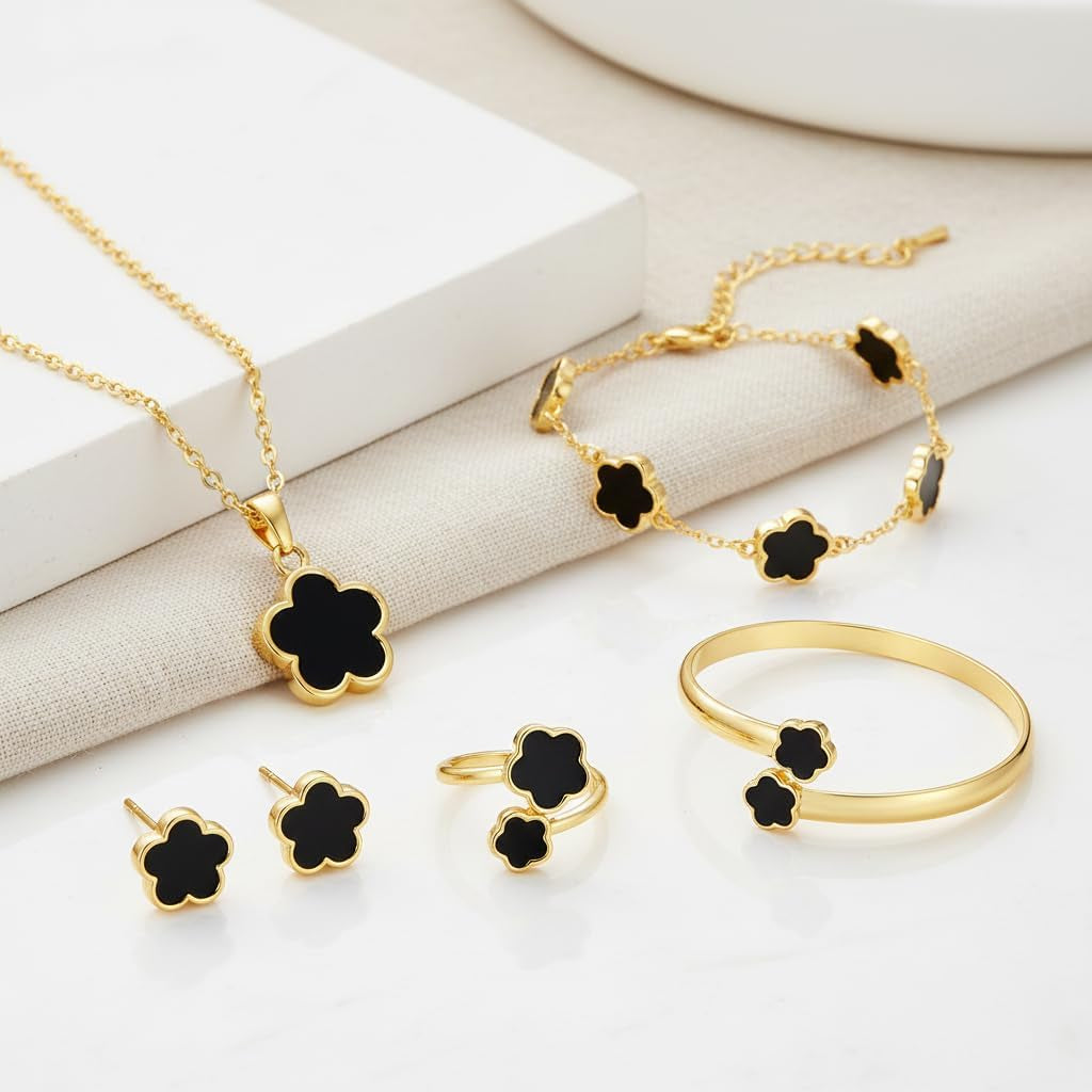 Clover Jewelry Set for Women Non Tarnish Gold-Tone Five Leaf Clover Necklace, Earrings, Ring, Bracelet Fashion Simple Floral Jewelry Set