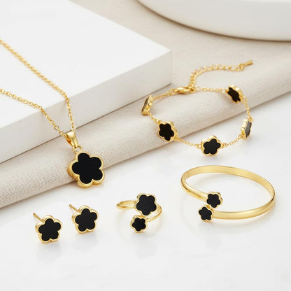 Clover Jewelry Set for Women Non Tarnish Gold-Tone Five Leaf Clover Necklace, Earrings, Ring, Bracelet Fashion Simple Floral Jewelry Set