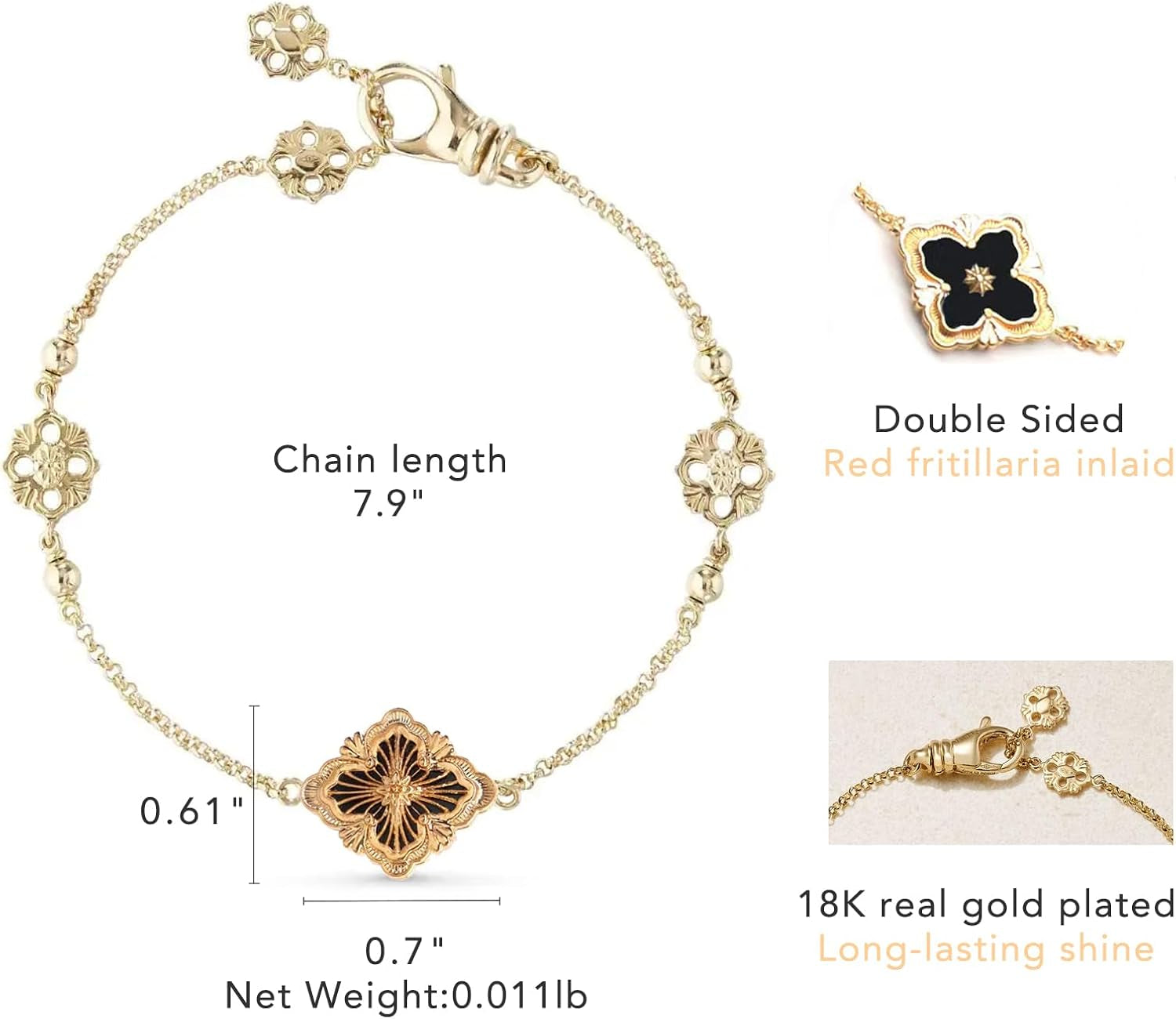 Gold Clover Necklace for Women, Double-Sided Pendant by 18K Gold-Plated Inlaid Natural Stone Pendant Necklace,Turquoise/Malachite/Black Onyx Stone/White Mother of Pearl ,Jewelry Gift for Women