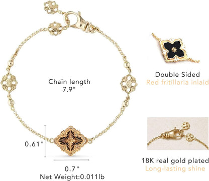 Gold Clover Necklace for Women, Double-Sided Pendant by 18K Gold-Plated Inlaid Natural Stone Pendant Necklace,Turquoise/Malachite/Black Onyx Stone/White Mother of Pearl ,Jewelry Gift for Women