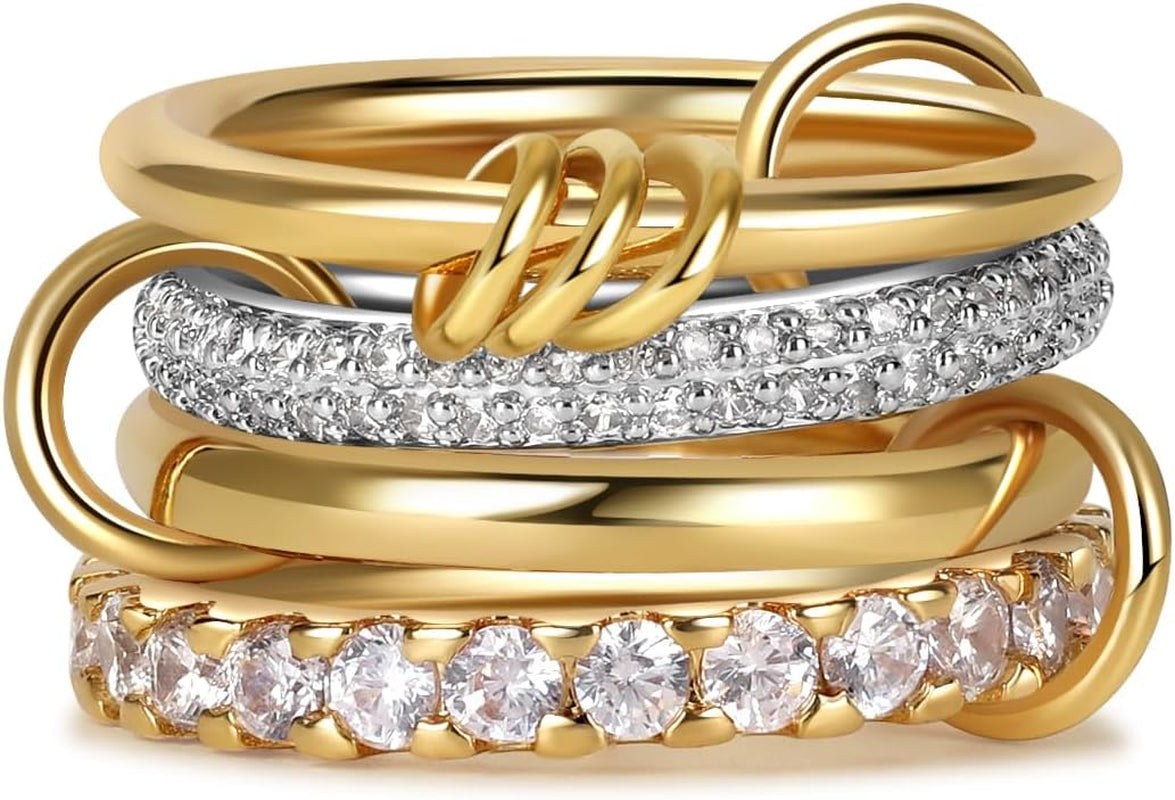 Gold Stackable Rings for Women Non Tarnish, 18K Gold Plated CZ Cubic Zirconia Rings, Golden Rings Set, Multi-Link Connected Rings