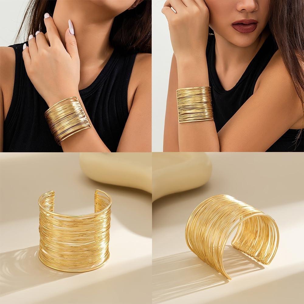 3PCS Chunky Gold Cuff Bracelets for Women Gold Statement Bangle Bracelets Set Arm Cuff Upper Arm Punk Jewelry