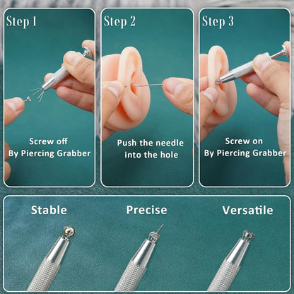 Upgraded Anti-Slip Piercing Ball Grabber Tool for Changing Jewelry-14G 16G 18G 20G Stainless Steel Threadless Insertion Pin & Flat Back Earring Applicator,Thread Body Piercing Kit for Ear Nose Lip