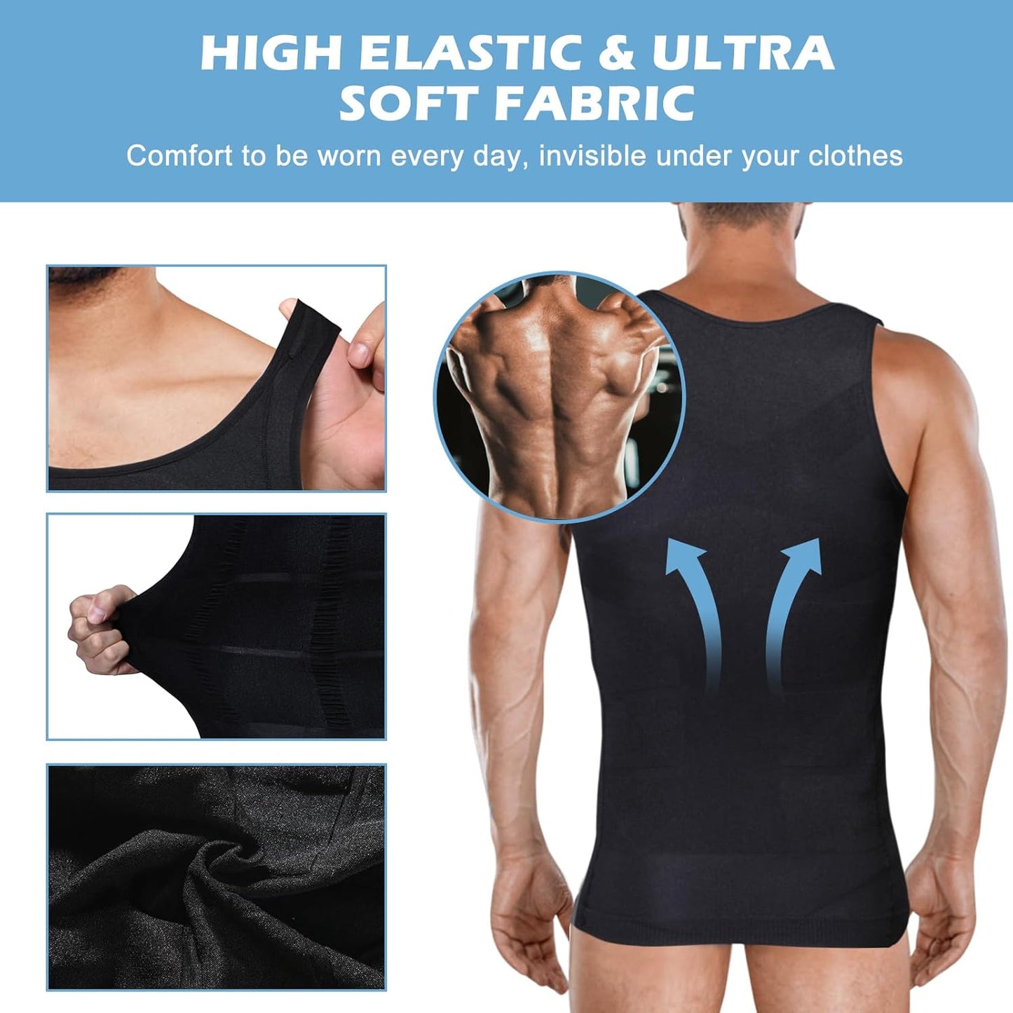 Gynecomastia compression shirt side profile showing seamless fit and support