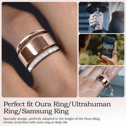 Woman wearing stacked rings with Oura Gen 4 smart ring