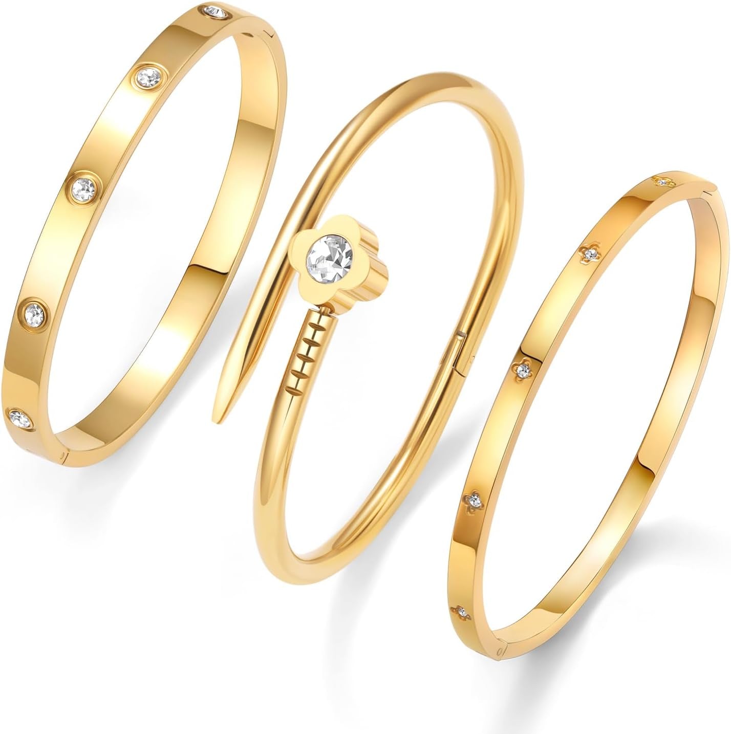 3Pcs Gold Bracelets for Women Stainless Steel Bangle Bracelet Set for Women Gold Love Bangle Non Tarnish Jewelry with Sparkling Crystal Inlay for Love Gifts