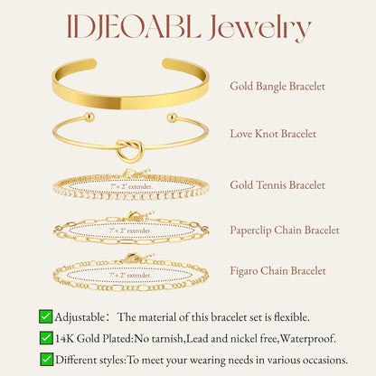 Gold Bracelet for Women Stack Bangle Cuff Bracelet Set Gold Beaded Tennis Paperclip Cuban Link Chain Bracelets for Women Trendy Non Tarinish for Christmas Gifts