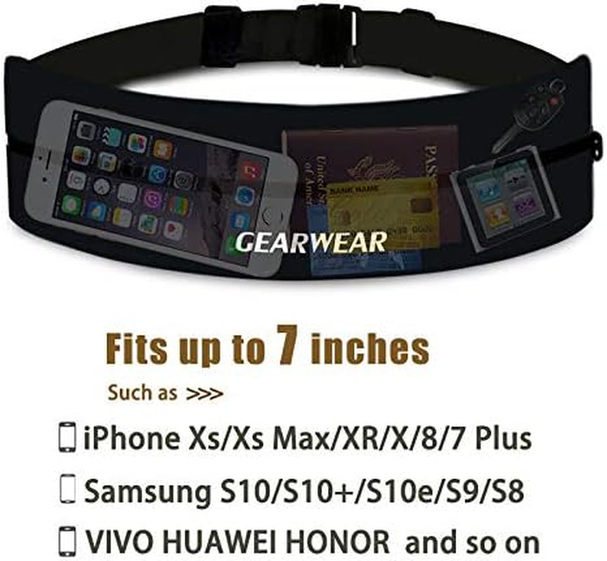 Fitness running belt with phone pocket front view worn on waist