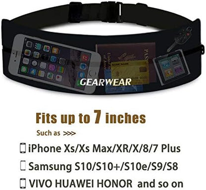 Fitness running belt with phone pocket front view worn on waist