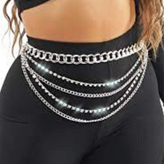 DRESBE Silver Chain Belt Rhinestone Waist Chains Boho Belly Body Chain Jewelry for Women