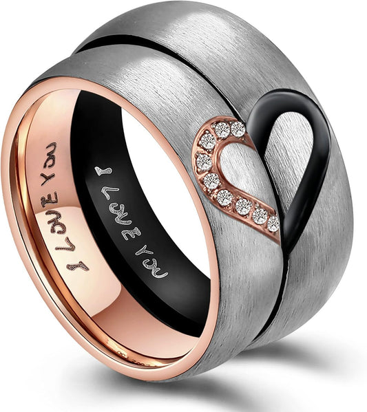 His and hers matching heart promise rings in stainless steel