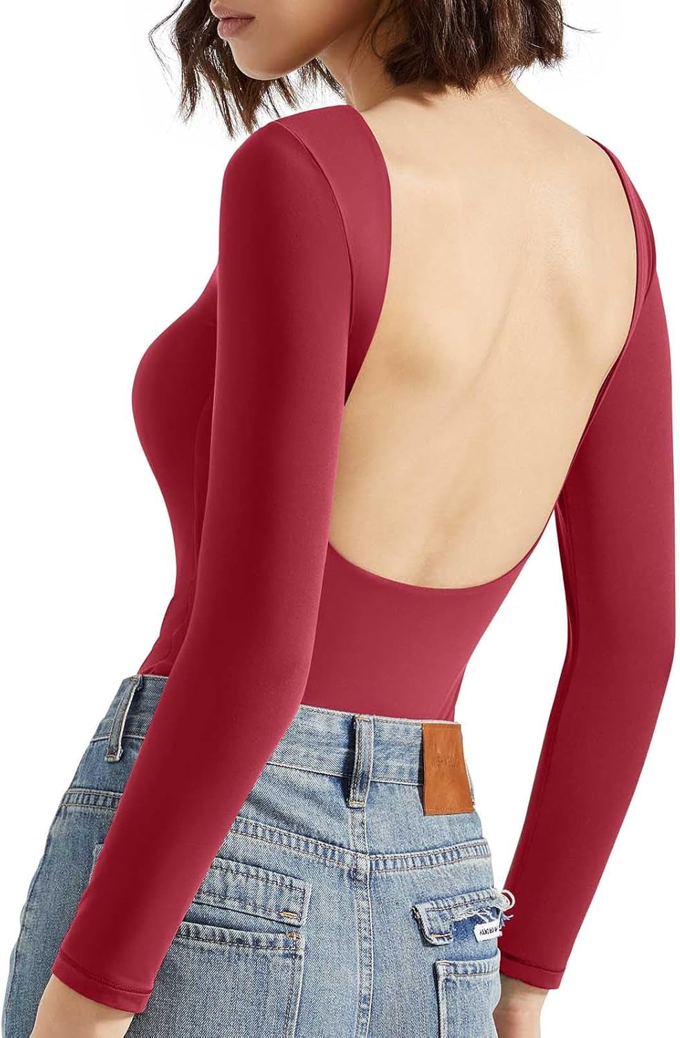 SUUKSESS Women Backless Y2K Long Sleeve Bodysuit Double Lined Open Back Sexy Basic Top