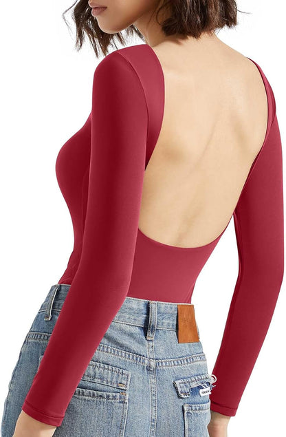 SUUKSESS Women Backless Y2K Long Sleeve Bodysuit Double Lined Open Back Sexy Basic Top