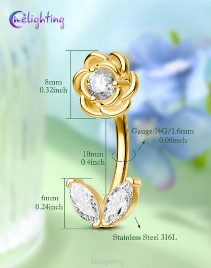 Melighting 14G Flower Belly Button Ring, 316L Surgical Steel Marquise CZ Belly Rings, Gold Navel Piercing Barbell, 10 Mm Silver Body Jewellery for Women