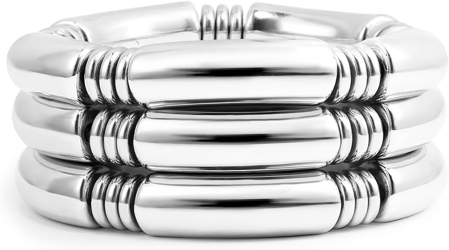 Gold Chunky Bangles Bracelets for Women 14K Gold Plated Stack Layered Curved Bamboo Tube Stretch Bracelets Gift Jewelry