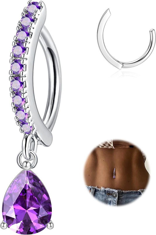 FIBO STEEL 14G Clicker Belly Rings 316L Surgical Steel Dangle Belly Button Ring CZ Teardrop Pendant Navel Rings Barbell Body Piercing Jewelry