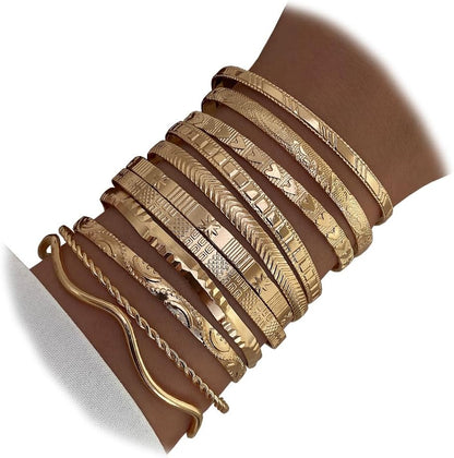 IFKM Gold Bangles Bracelets for Women, 14K Gold Plated Multi Layer Stackable Open Bracelet Set, Elegance Trendy Charms Non Tarnish Minimalist Textured Boho Jewelry Gift for Women
