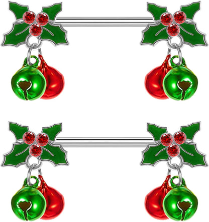 14G Christmas Nipple Barbell Jingling Bell Ring 316L Surgical Stainless Steel Women'S Nipple Rings for Christmas Body Piercing Jewelry