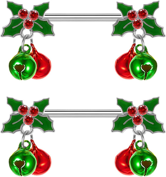 14G Christmas Nipple Barbell Jingling Bell Ring 316L Surgical Stainless Steel Women'S Nipple Rings for Christmas Body Piercing Jewelry