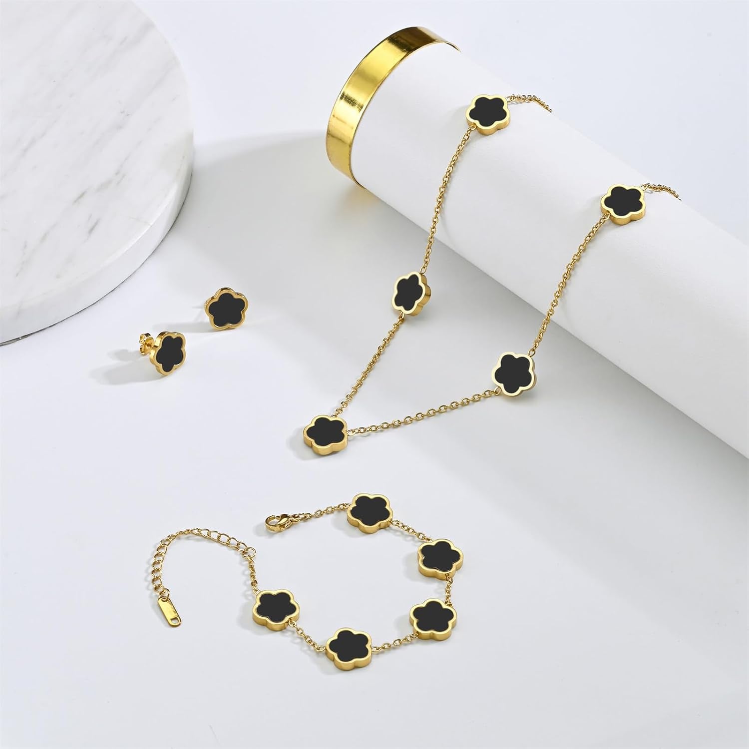 Double-Sided Clover Jewelry Set - 18K Gold Plated Flower Design Five Leaf Clover Bracelet Pendant Necklace and Stud Earrings for Women.Lucky Gifts for Mom Wife Daughter Friends