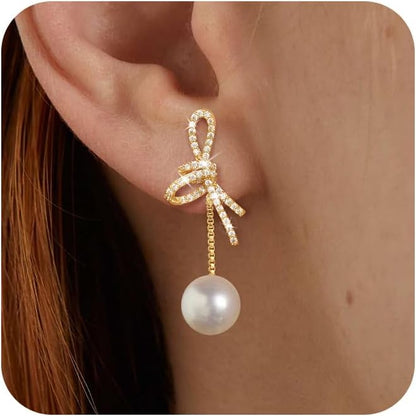 Risamil 14K Gold Plated/Silver Earrings for Women Trendy, Dainty Bow Earrings for Women Cute Pearl Huggie Earring Hoops Twist Rope Bow Stud Pearl Dangle Cubic Zirconia Earrings Jewelry Gifts