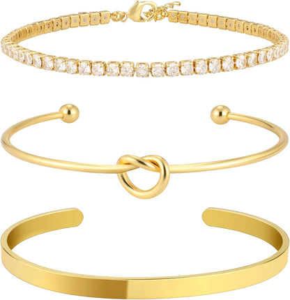 Christmas Stocking Stuffers Gold Bangle Cuff Knot Bracelet for Women Stack Non Tarnish Gold Plated Dainty Cubic Zirconia Tennis Bracelets Jewelry Set for Women Trendy