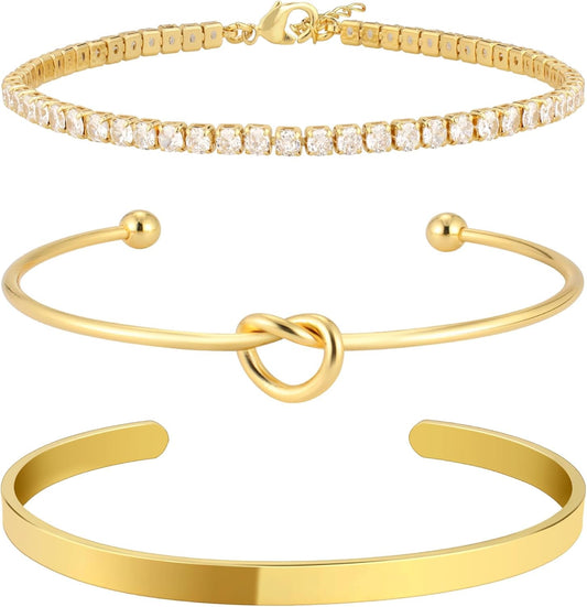 Christmas Stocking Stuffers Gold Bangle Cuff Knot Bracelet for Women Stack Non Tarnish Gold Plated Dainty Cubic Zirconia Tennis Bracelets Jewelry Set for Women Trendy