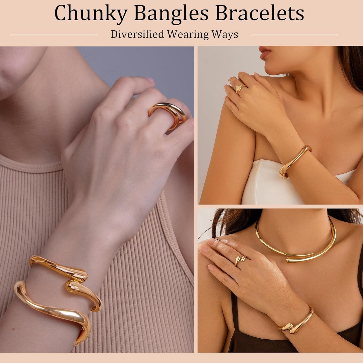 Gold Chunky Bracelet for Women, 14K Gold Plated Gold Bangle Bracelet Silver Chunky Bangles Bead Bracelets Gold Sack Gold Arm Cuff Pearl Jewelry Set Arm Cuff Jewelry
