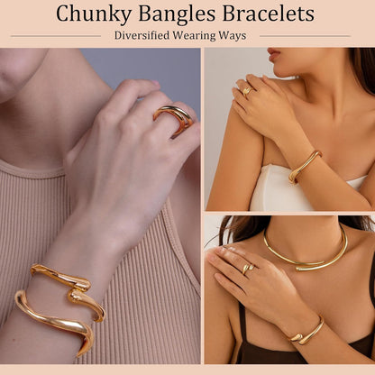 Gold Chunky Bracelet for Women, 14K Gold Plated Gold Bangle Bracelet Silver Chunky Bangles Bead Bracelets Gold Sack Gold Arm Cuff Pearl Jewelry Set Arm Cuff Jewelry