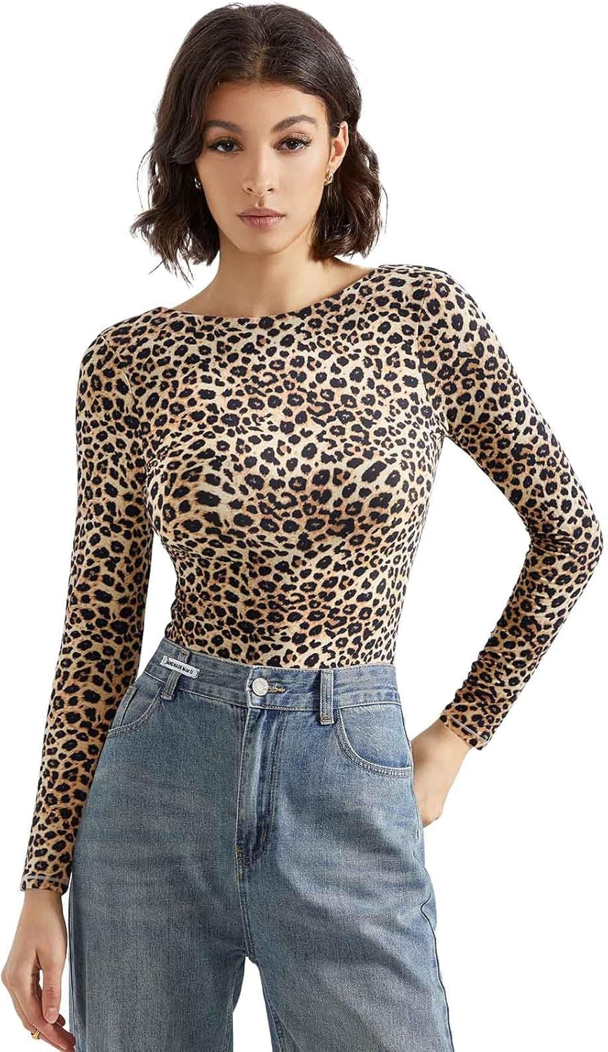 Long sleeve open back bodysuit on model