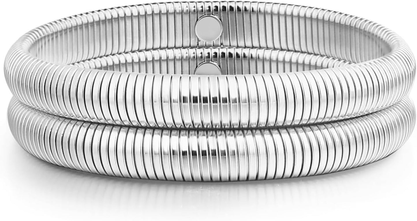 Gold Bangle Multi-Layer Bracelets for Women Stretchy Stainless Steel Link Chain Flexible Wide Wristband Bracelets