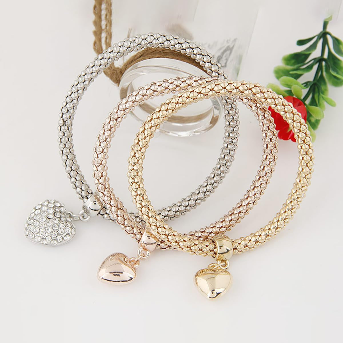 Hebelee 3 PCS Love Heart Pendant Wrist Bangles Bracelets Set for Women Clear Crystal Resin Corn Stacking Wristband Elastic Adjustable Cuff Wrap Bracelet Lightweight Retro Chic Geometric Jewelry