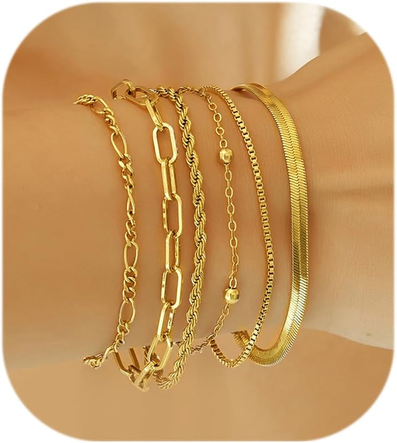 Wgoud Waterproof Gold Bracelets for Women Trendy, Dainty 14K Real Gold Plated Fashion Stackable Bracelet Sets for Women Thin Cuban Link Paperclip Chain Bracelets Layered Gold Jewelry Sets Gifts for Womens