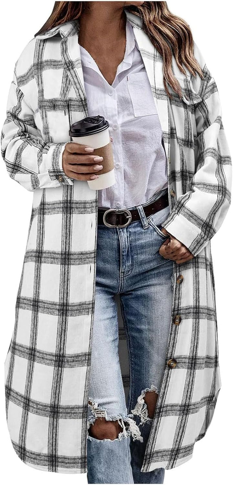 Women's plaid shacket layered over white undershirt