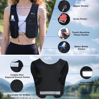 Front phone pocket detail on women's running vest for smartphones
