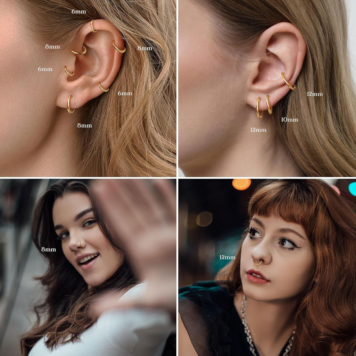 Jstyle 8 Pcs 16G/18G 316L Surgical Steel Nose Rings Hoops Septum Rings Lip Ring Hypoallergenic Nose Clicker Ring Tragus Helix Cartilage Daith Rook Sleeper Earring Body Piercing Jewerly for Women Men