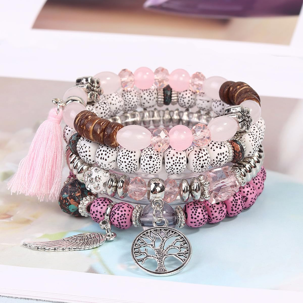 4 Sets Bohemian Stackable Bead Bracelets, Stretch Bangle Charm Jewelry 1
