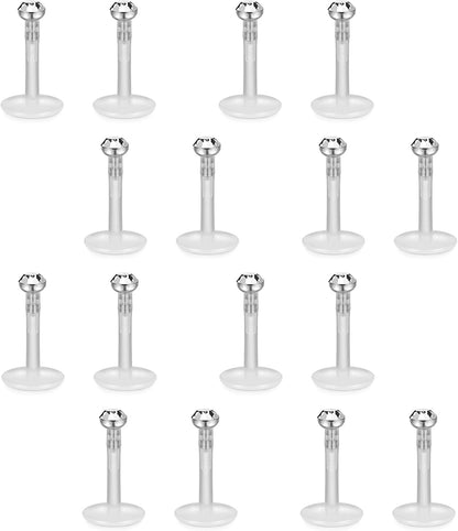 FIBO STEEL 16 Pcs 16G Clear Bioflex 2MM CZ Labret Monroe Lip Ring Helix Stud Earrings Body Jewelry Piercing