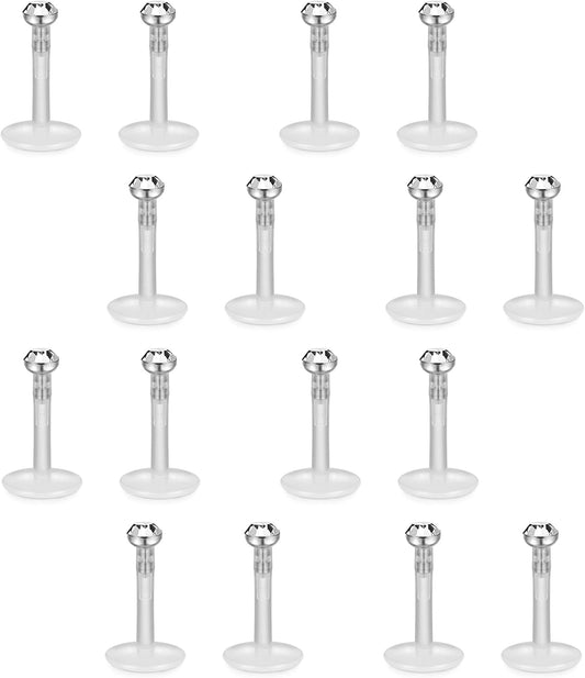 FIBO STEEL 16 Pcs 16G Clear Bioflex 2MM CZ Labret Monroe Lip Ring Helix Stud Earrings Body Jewelry Piercing