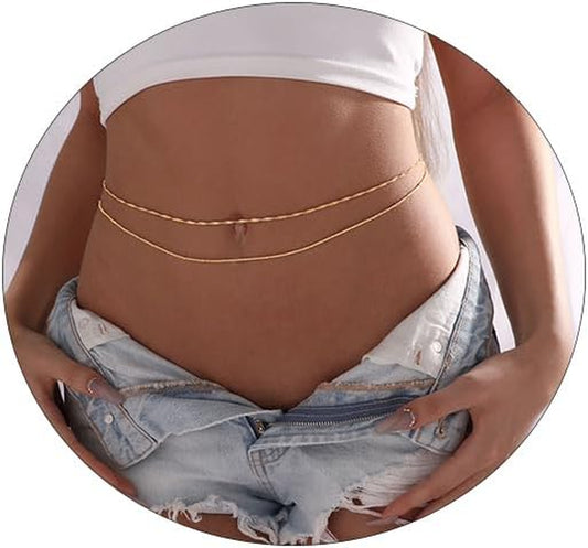 2PCS 18K Gold Plated Waist Chain Satellite Body Chain Layered Rope Waist Chains Sexy Bikini Beach Waist Chain for Women Waterproof Adjustable 26.5-33Inch